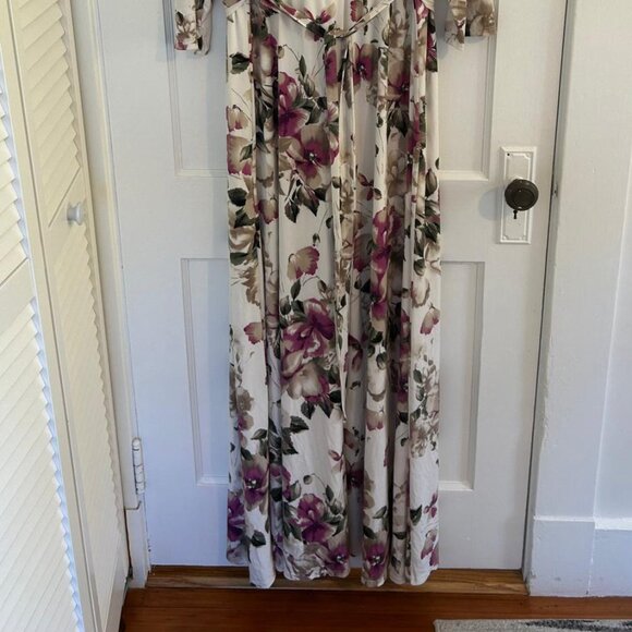 PinkBlush Cream and Purple Floral Print Sash Tie Maternity Maxi Dress, 2X - Picture 2 of 6